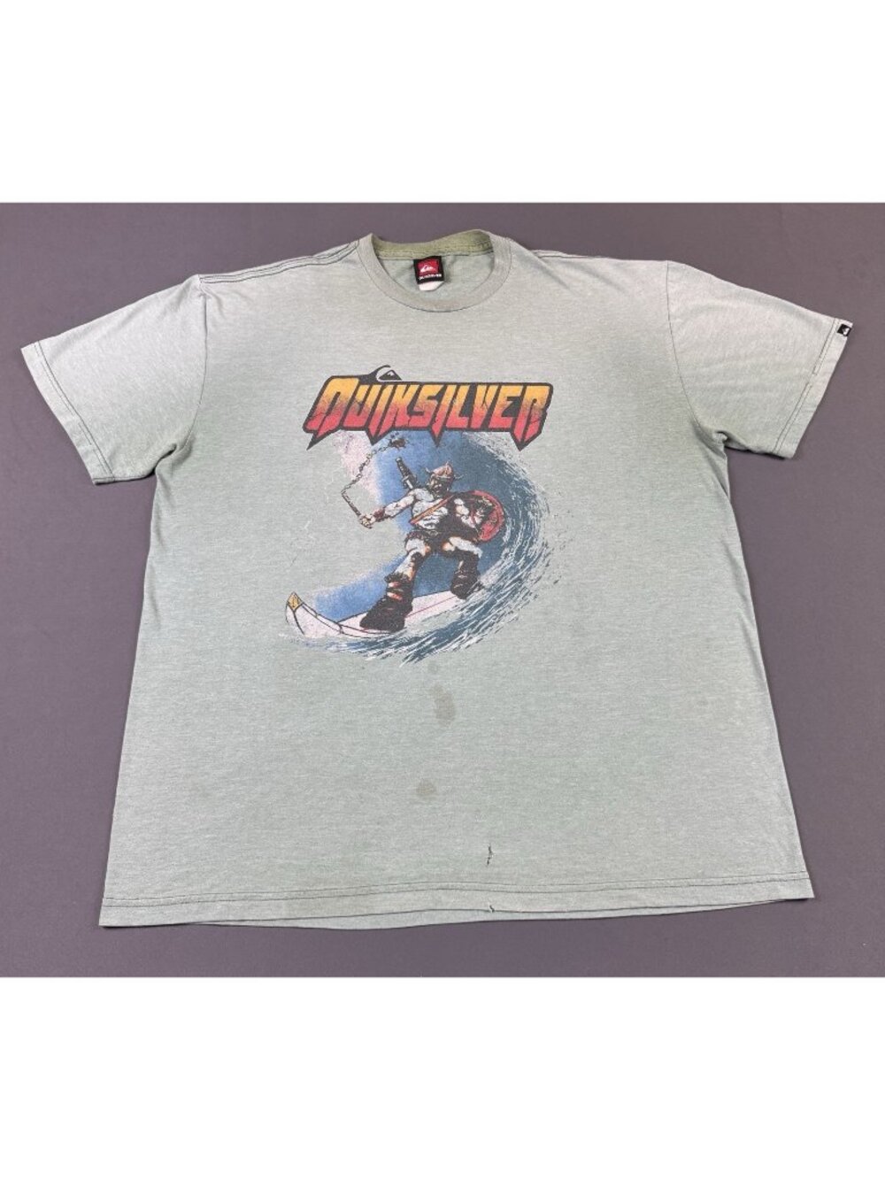 Rare Vintage Y2K Quiksilver Surf Skate Beach Warrior Wave Fade Thrashed Tee XL